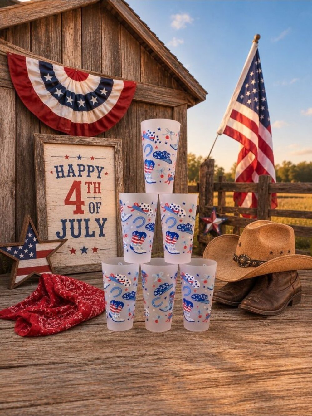 6 New Western Patriotic Cowgirl Plastic Indoor Outdoor Party Beverage Cup Set